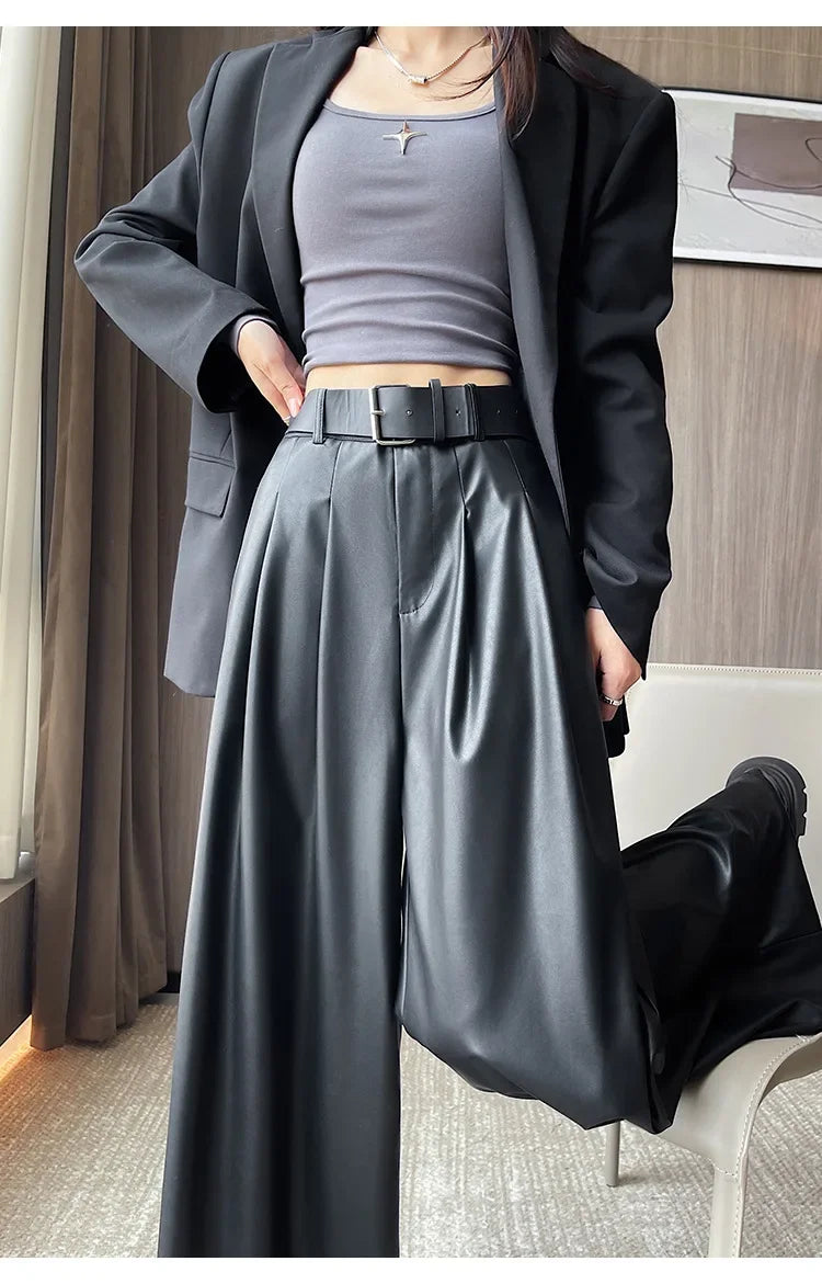 High Waist Wide Leg PU Leather Pants Women's Suit Casual Floor Length Trousers Autumn Winter New Style Loose Fit Long Pants