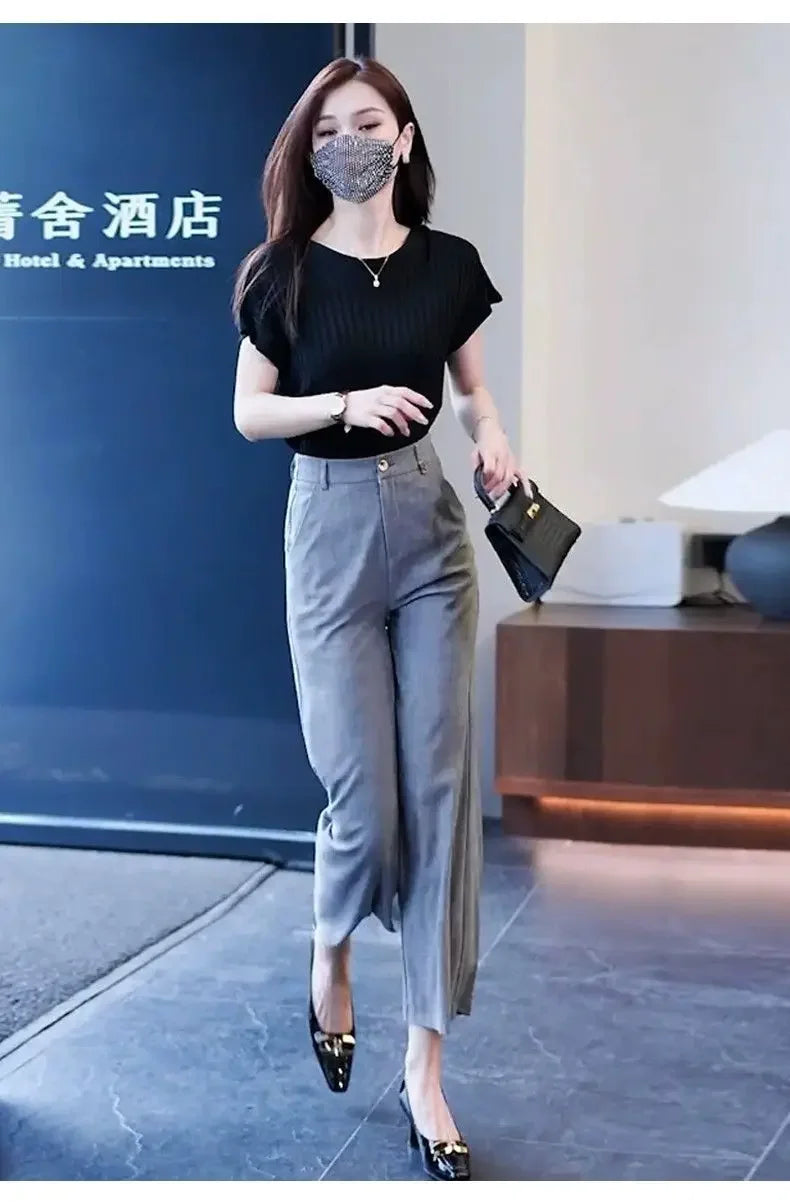 Nine-point Wide-leg Pants for Women in Summer Thin New High-waist Drooping Ice Silk Suit Women's Slim Straight Pants