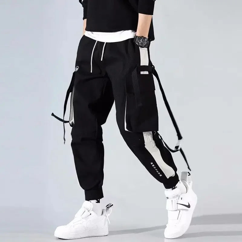 Trendy Men's Loose-fit Cargo Pants Autumn Winter Bell Bottoms Multiple Pockets Casual Style Street Dance Fashion
