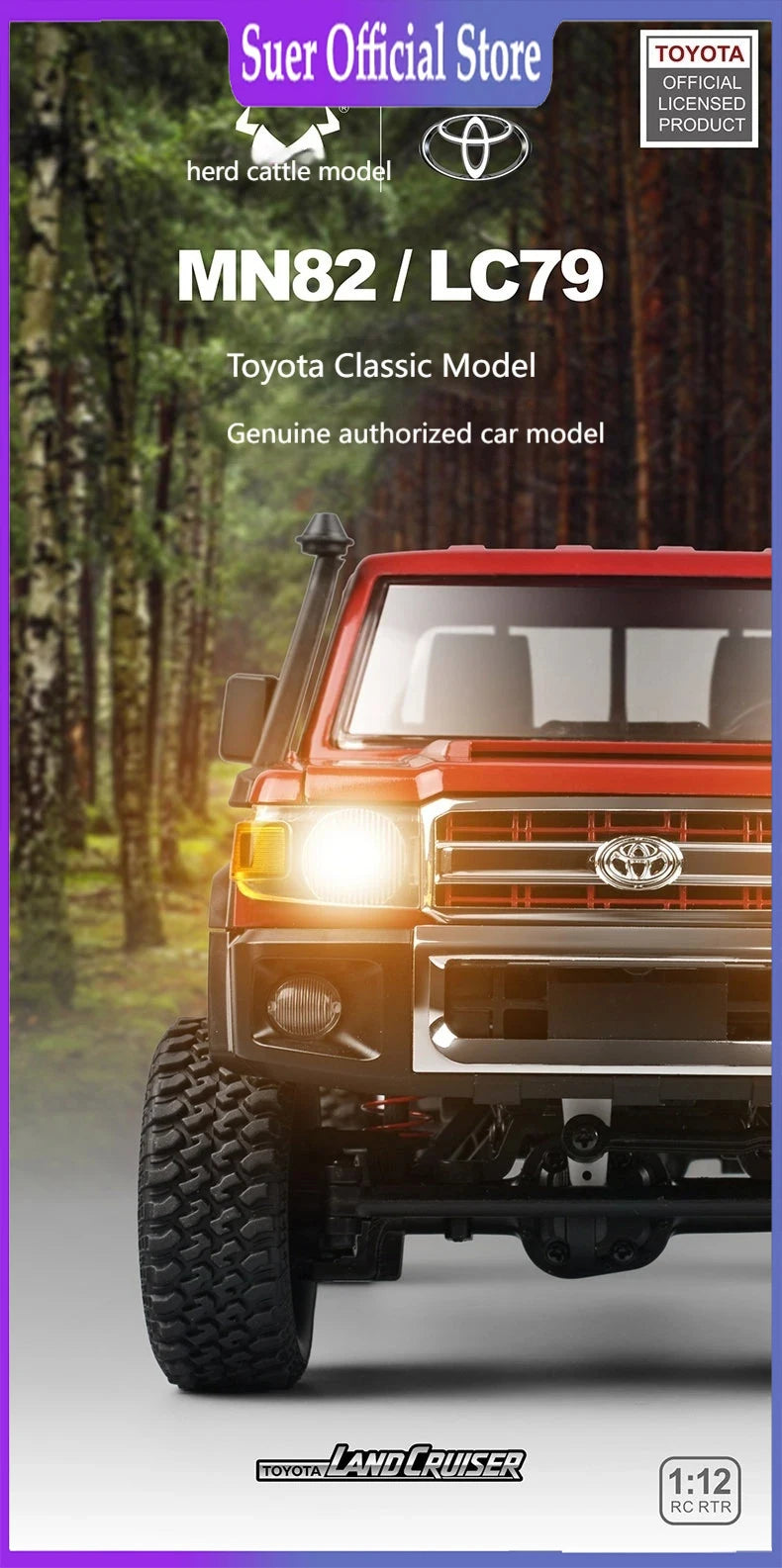 Rc Car MN82 1:12 Retro with LED Lights, Full Scale Analog LC79, Professional Four-wheel Drive Truck, Toy Truck Model RC