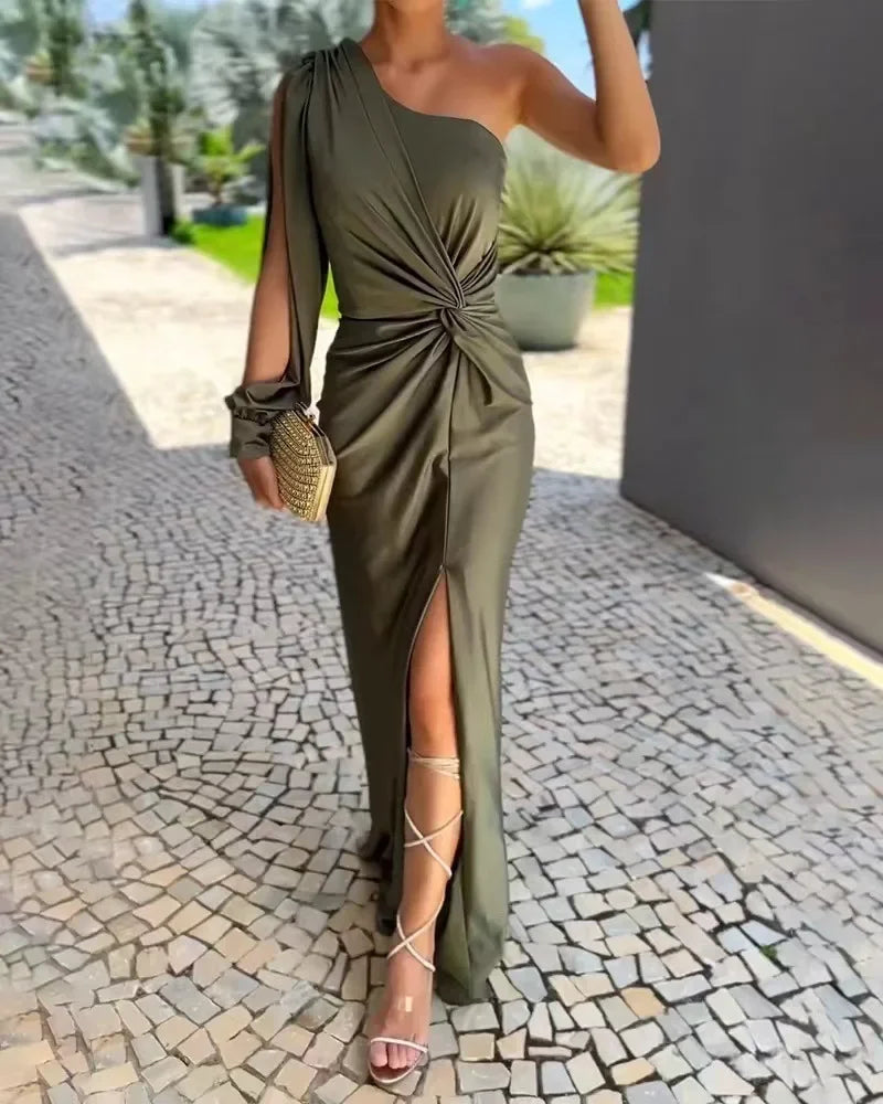 Slim Fit Pure Color Summer New Style Knot Slit Shoulder Women's Dress Fashionable Elegant Ankle Length One Shoulder Dress