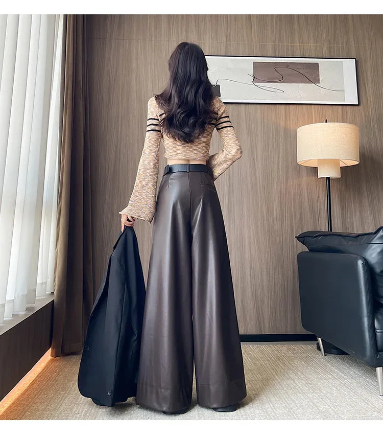 High Waist Wide Leg PU Leather Pants Women's Suit Casual Floor Length Trousers Autumn Winter New Style Loose Fit Long Pants
