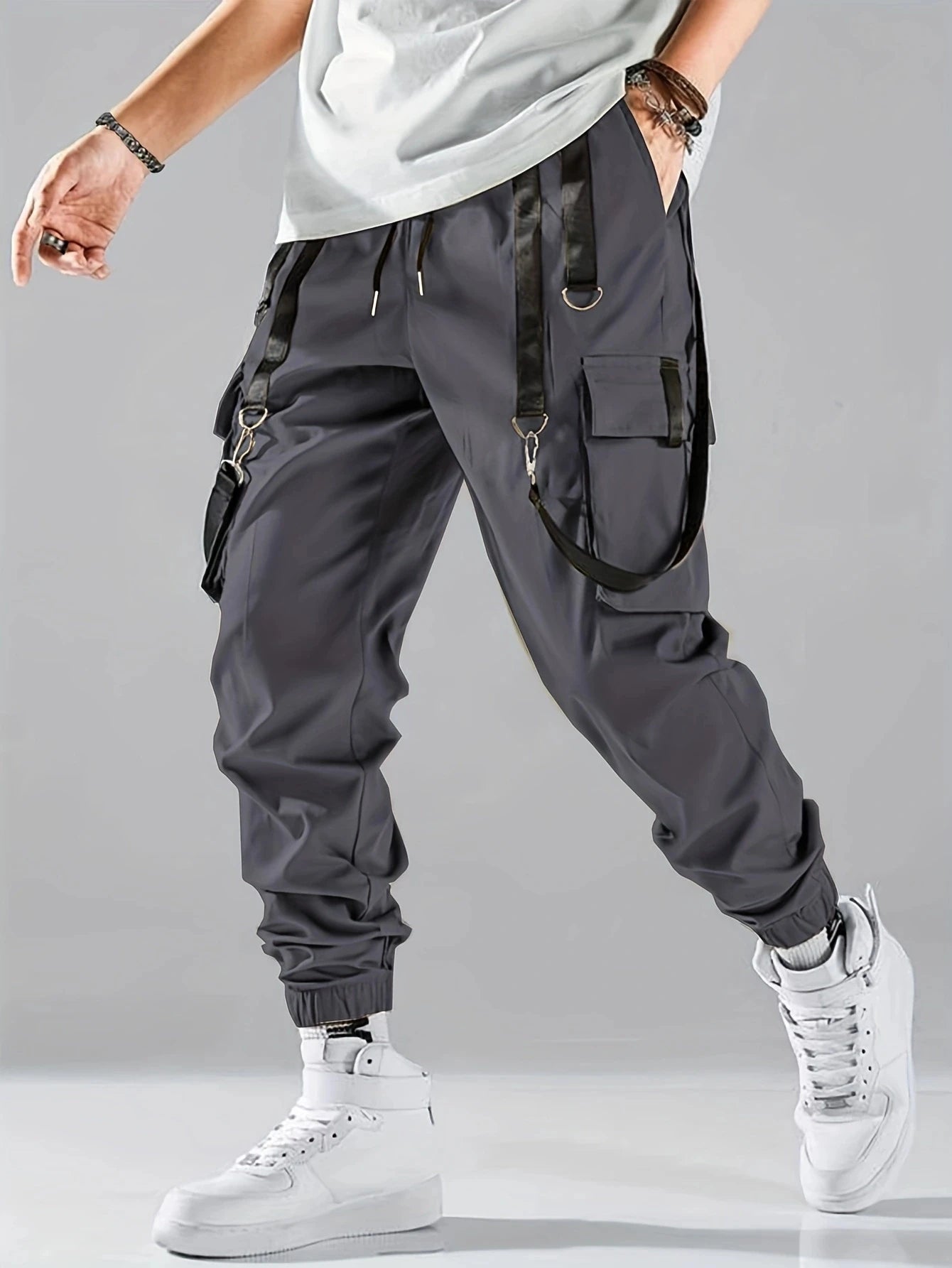 Fashion Men's Casual Techwear Drawstring Multi Flap Pockets Cargo Pants Hip hop Joggers Pant