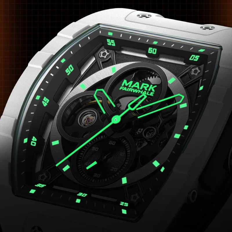 Mark Fairwhale 6014 Brand Rubber Strap Waterproof Luminous Men's Automatic Mechanical Watch Barrel Shape Watches for Men