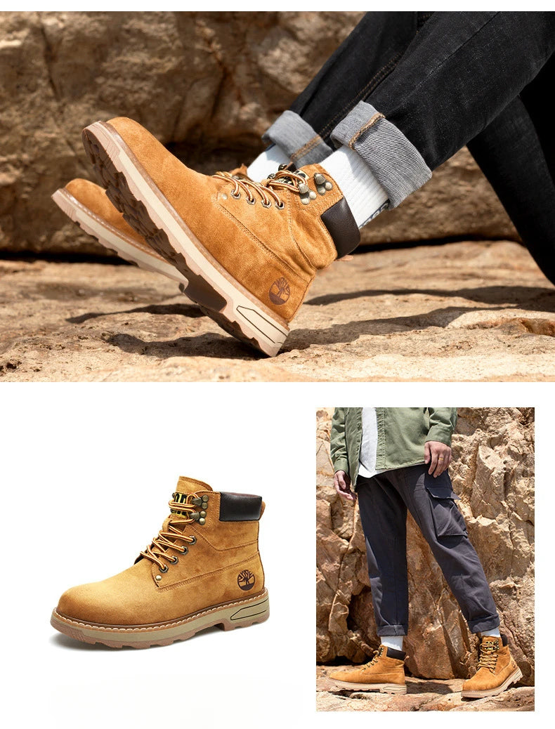 Autumn Winter Velvet Platform Boots for Men Designer Soft-soled Cow Suede Work Shoes Man Fashion Non-slip Yellow Ankle Boot Male