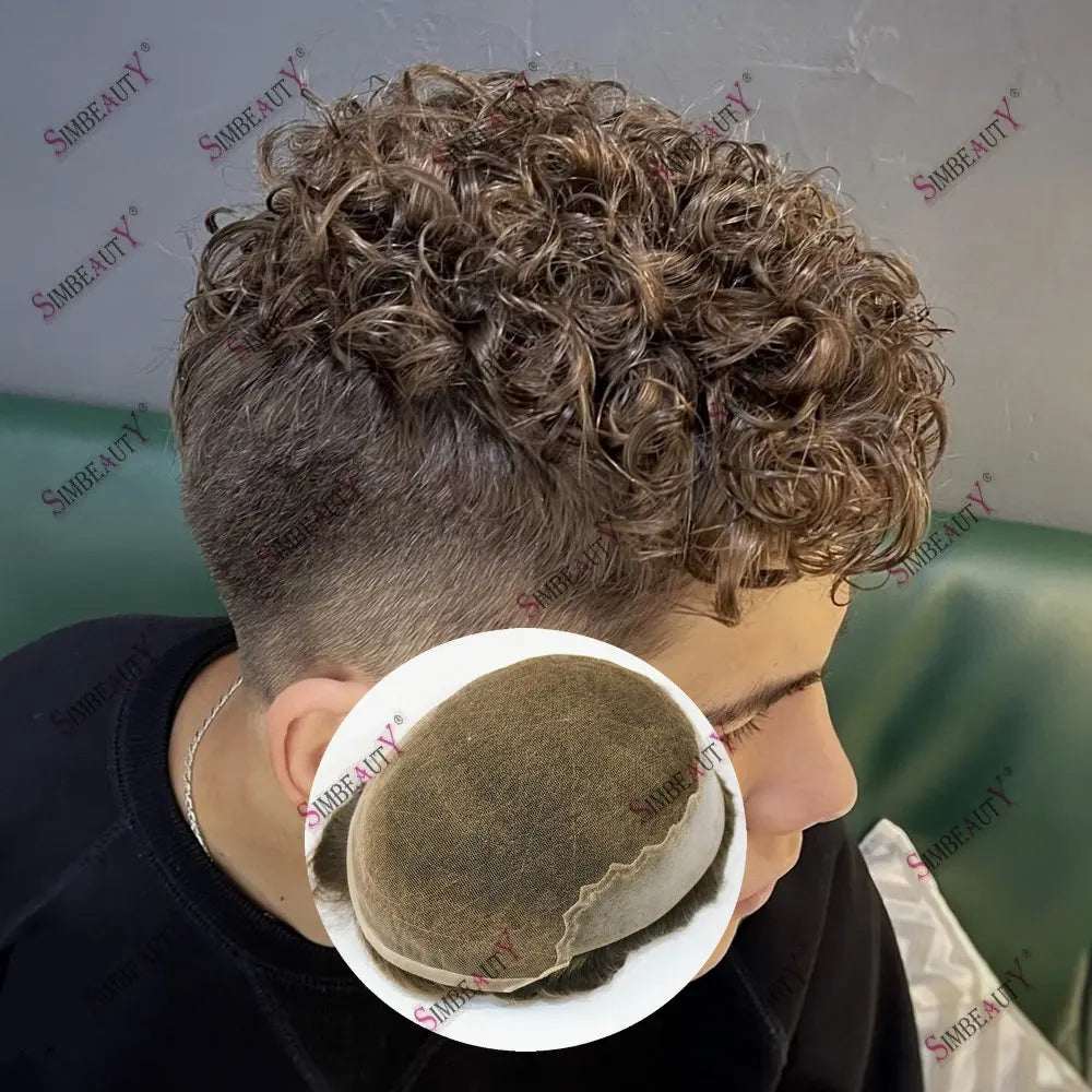 Q6 Swiss Lace Front&Pu Natural Hairline 1B40 1B65 Gray Black Men Toupee 24mm Curly Male Wigs Ash Blonde Human Hair Prosthesi