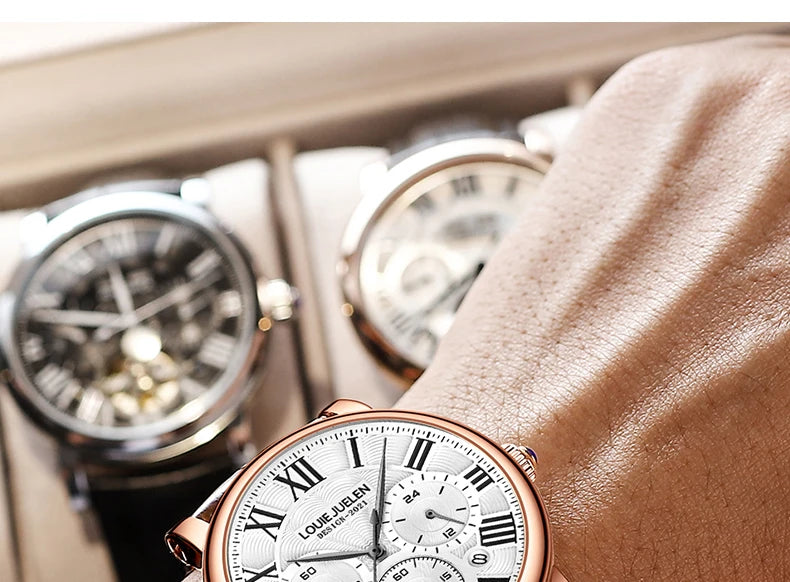 Fashion Mens Watches Top Brand Luxury Genuine Leather Strap Quartz Men's Watch Business Casual Date Chronograph Watch Men