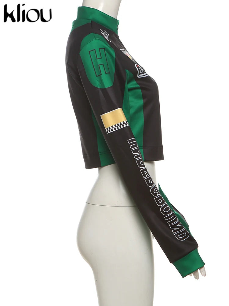 Cutenew Panelled Feather Women Coats New Letter Print Patchwork Buttons Full Sleeve Zip-up Crop Jackets Female Street Outwear