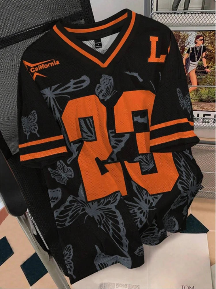Summer Fashion Butterfly 23 Print TShirt For Women V-Neck Mesh Hole Short Sleeve Sports Football Jersey Y2K Loose Women Clothing