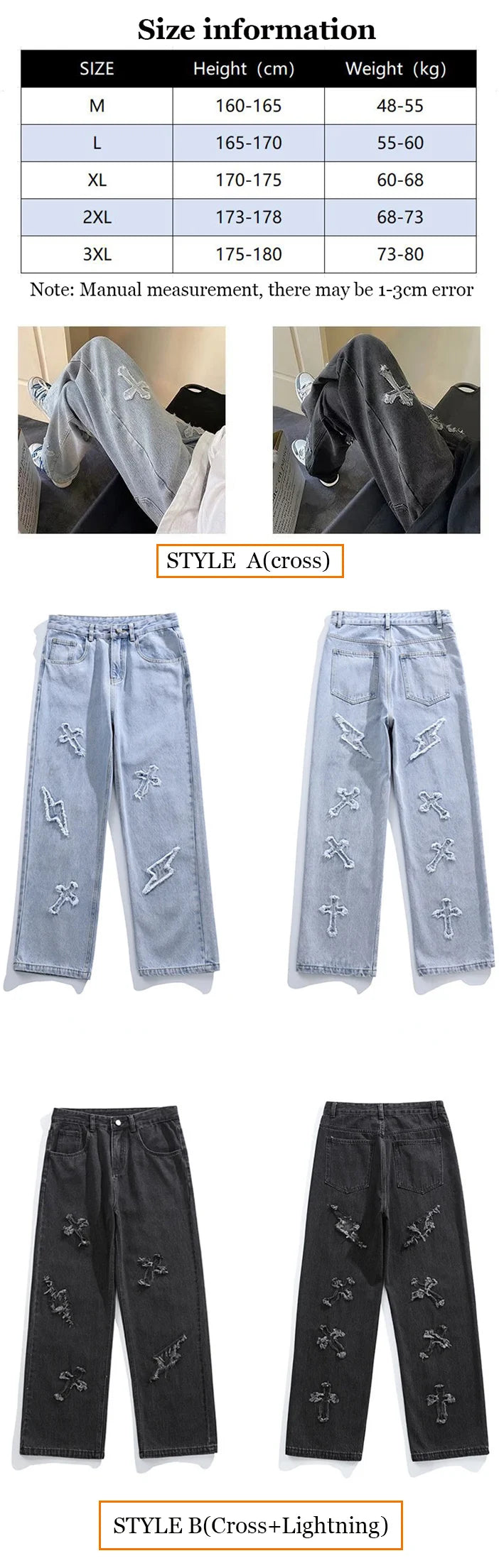 Cross Embroidery Y2k Jeans Mens Straight Denim Pants Casual Vintage Jeans Versatile Fashion Streetwear Spring High Street Pants