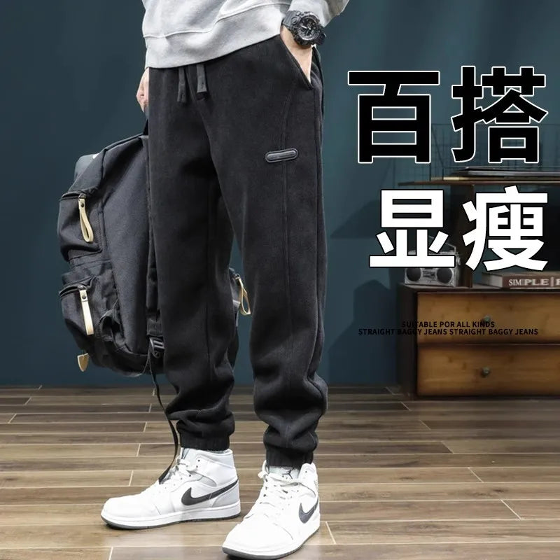 Men's Autumn Winter Thiened Fce Lined Corduroy Pants Loose Sports Casual High Street Trend Wear Resistant Dir Long Tro...