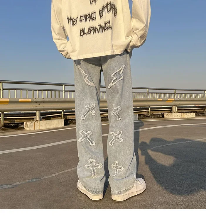 Cross Embroidery Y2k Jeans Mens Straight Denim Pants Casual Vintage Jeans Versatile Fashion Streetwear Spring High Street Pants