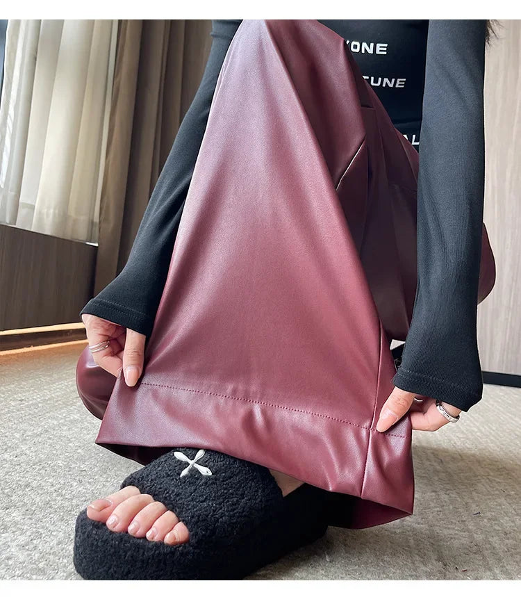 High Waist Wide Leg PU Leather Pants Women's Suit Casual Floor Length Trousers Autumn Winter New Style Loose Fit Long Pants