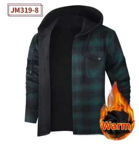 Fashion korean popular clothes winter Adding velvet and thickening long-sleeve shirts for men casual Hooded jacket plaid tops