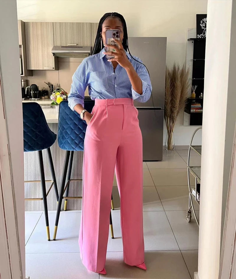 Autumn Casual High Waisted Pants Women Chic Fashion Solid Button Pocket Straight Leg Wide Leg Casual Pants Women