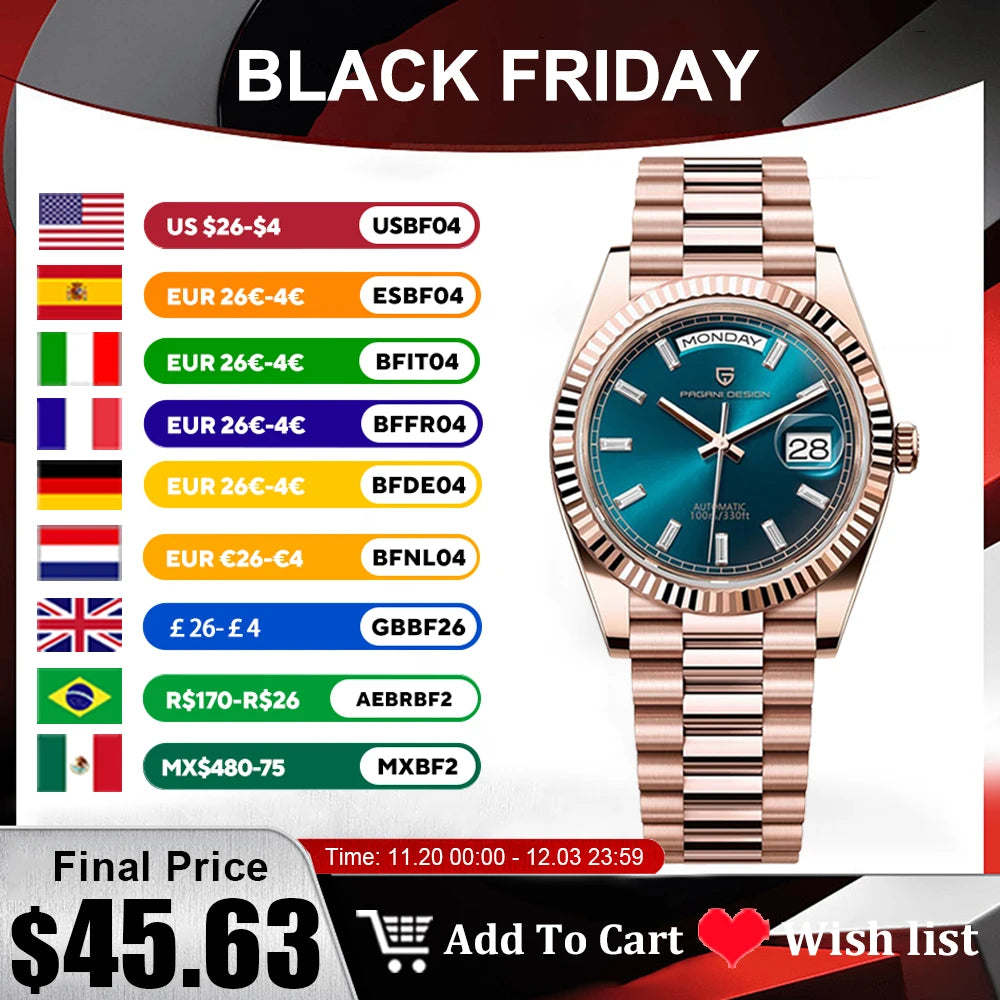 PAGANI DESIGN DD36 Men's Watches Rose Gold Luxury Automatic Watch For Men Mechanical Wristwatches Sapphire Mirror Clock Gift Man