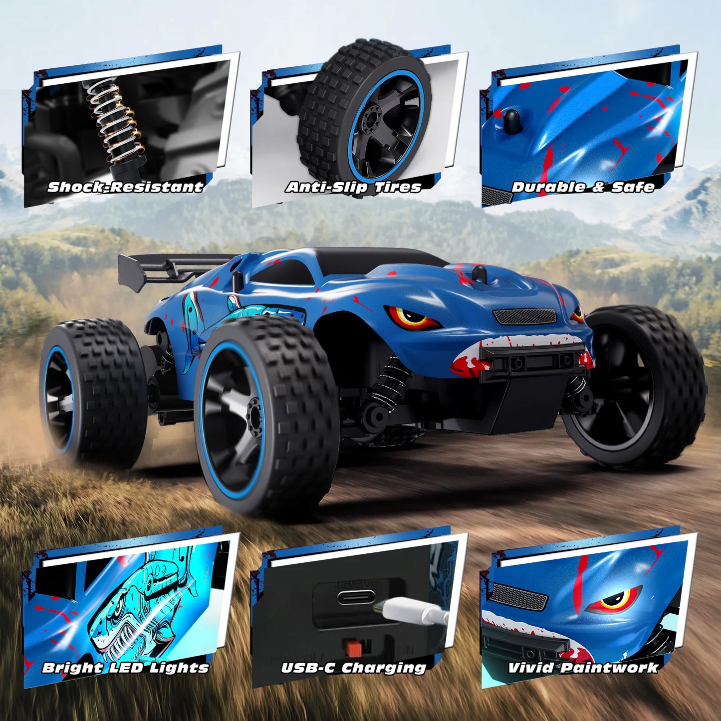 RC Cars Remote Control Car for Kids, 1:18 Scale 20 KM/H 2WD Offroad Buggy, 2.4GHz RC Racing Car with USB-C Easy Charging