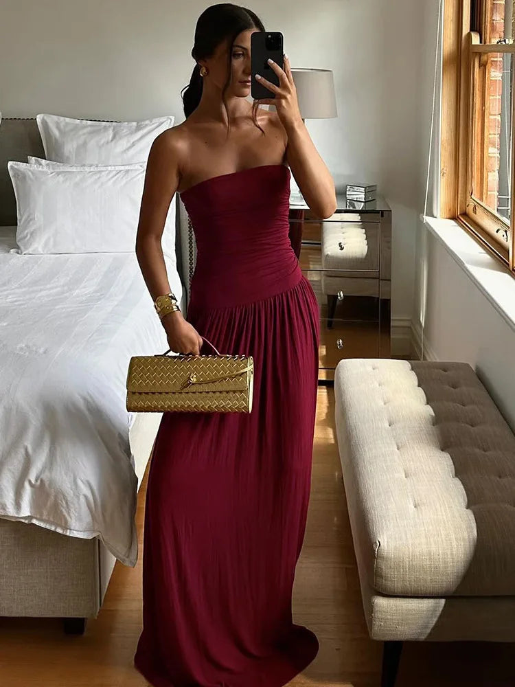Mozision Off-shoulder Strapless Pleated Sexy Maxi Dress Women Fashion Backless Sleeveless High Waist Ruched Long Dress Elegant