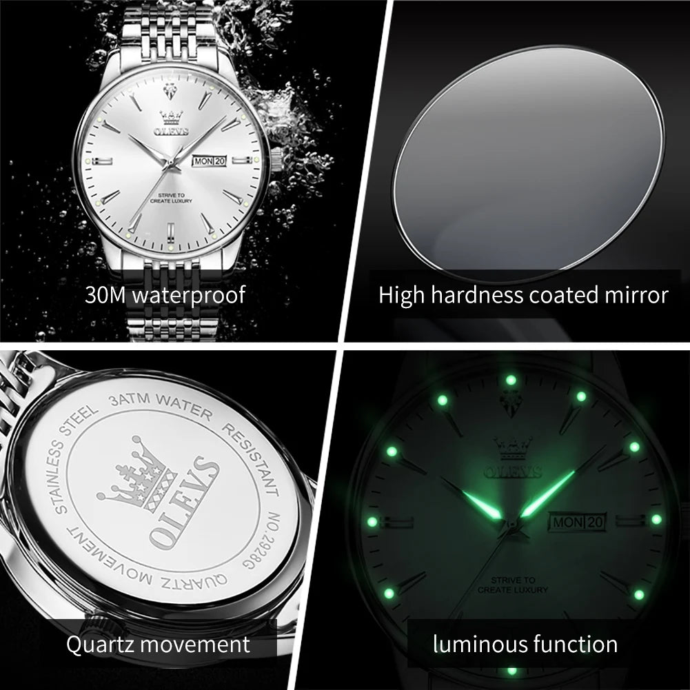 OLEVS Men's Watches Fashion Simple Calendar Week Luminous Waterproof Steel Strap Man Watch Original Quartz Watches for Men 2929