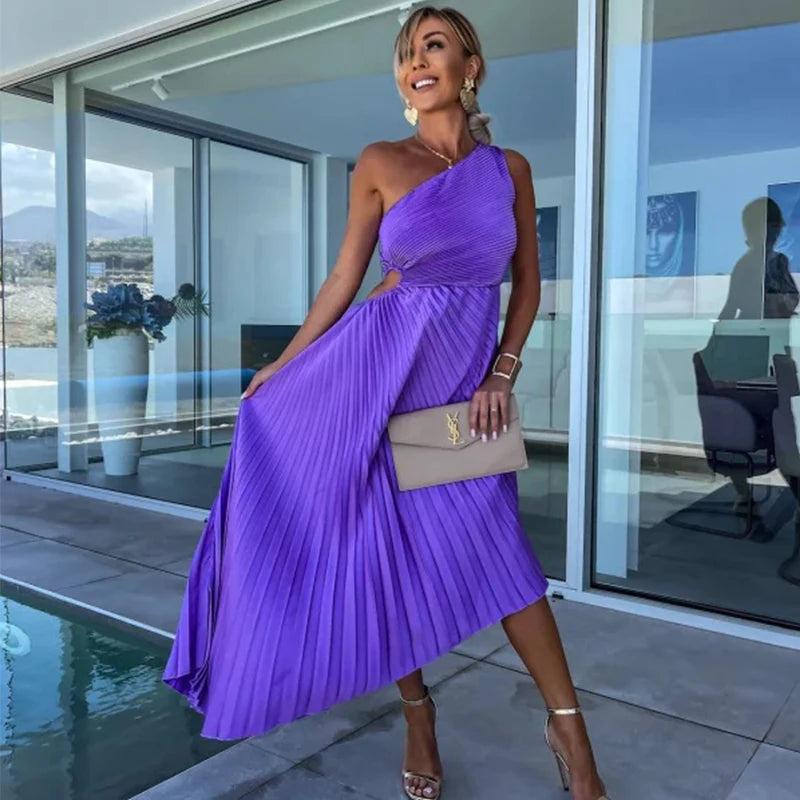 Ardm Elegant Oblique Shoulder Pleated Asymmetric Summer Dresses For Women 2023 Sexy Backelss Hollow Out Party Maxi Dress Vestido