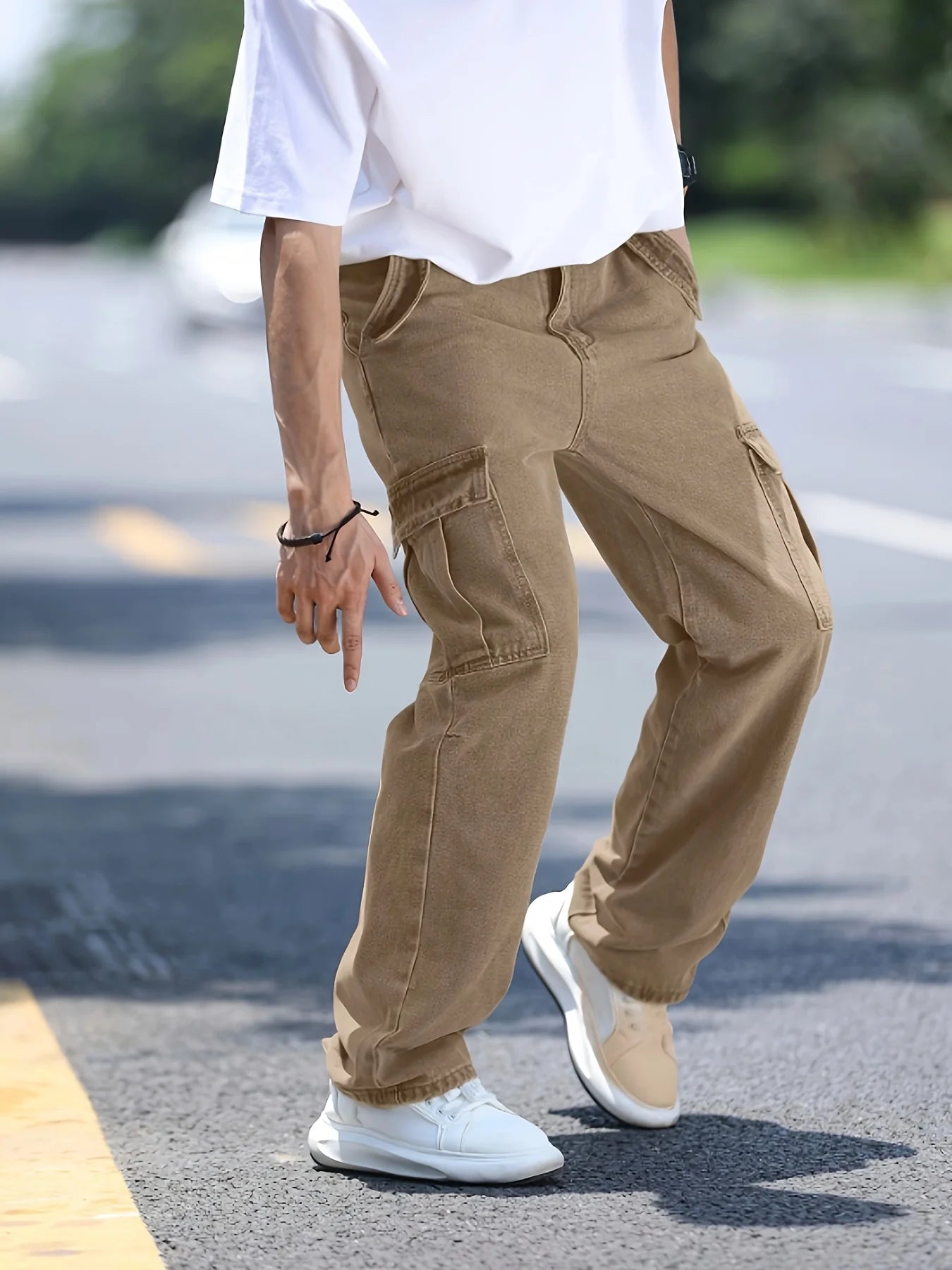 Men's multi pocket denim work pants straight leg denim pants