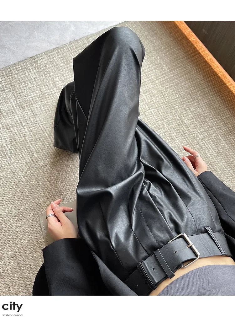 High Waist Wide Leg PU Leather Pants Women's Suit Casual Floor Length Trousers Autumn Winter New Style Loose Fit Long Pants