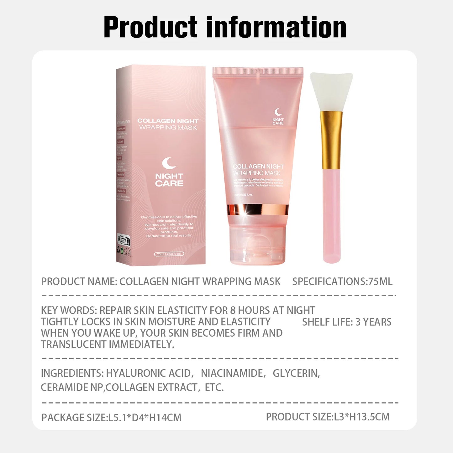Face Mask Collagen Night Wrapping Mask Elasticity Hydration Reduces Sagging Dullness Hydrolyzed Collagen Skin Care Products 75ml