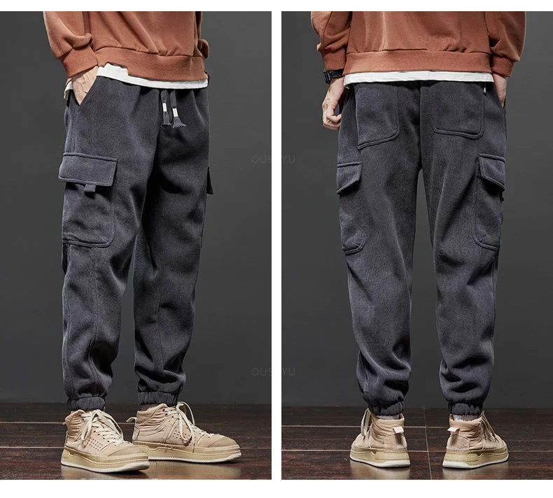 Winter Men's Fleece Warm Cargo Corduroy Pants Jogging Sweatpants Work Y2k Korean Pants Loose Harem Casual Trousers for Men