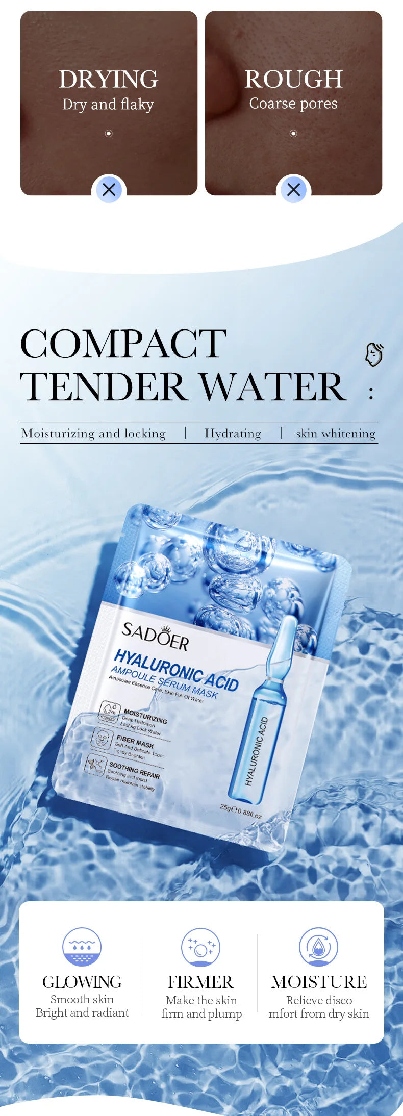 SADOER Hyaluronic Acid Facial Masks Face skincare Anti-aging Hydrating Moisturizing Anti Wrinkles Face Mask Skin Care Products