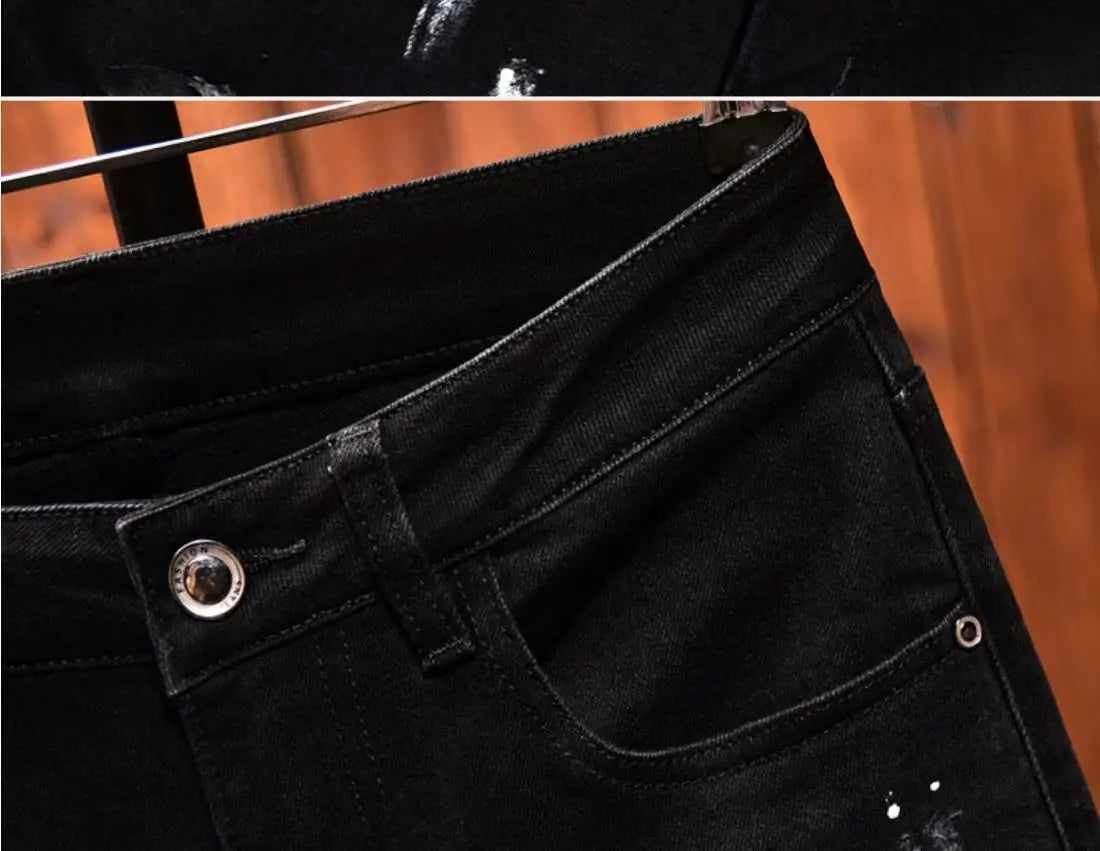 Fashion Trendy Slim Denim Jeans Men Distressed Ripped Holes Patches Spring Autumn Casual Design Korean Luxury Clothing Trousers