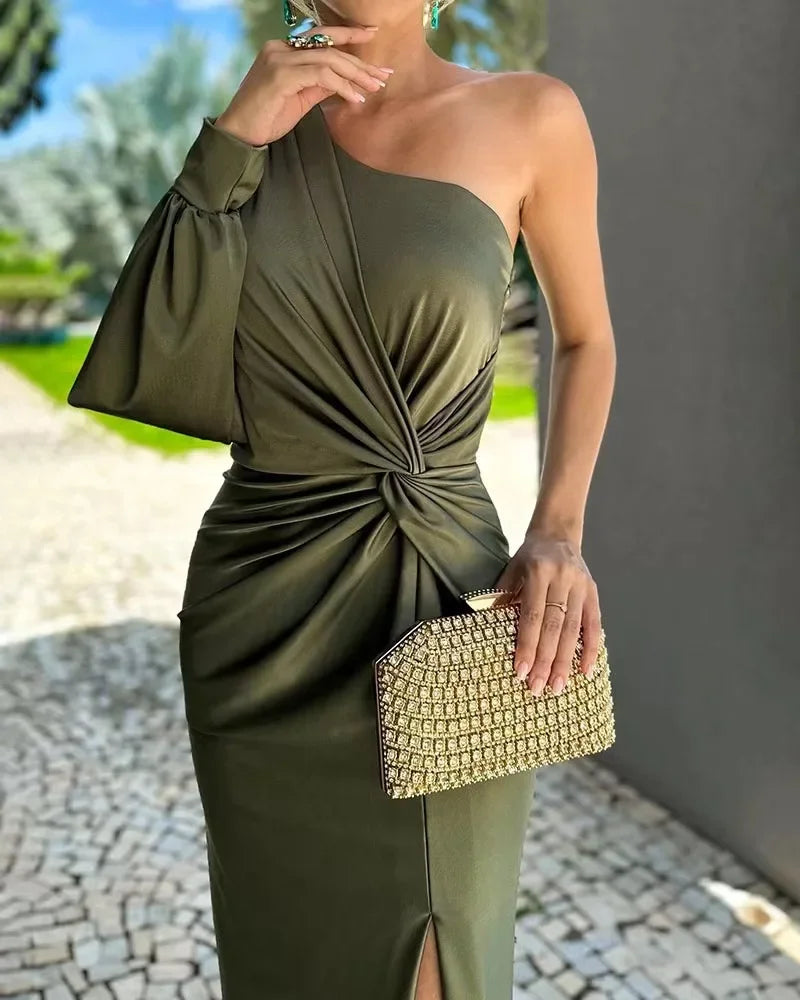Slim Fit Pure Color Summer New Style Knot Slit Shoulder Women's Dress Fashionable Elegant Ankle Length One Shoulder Dress