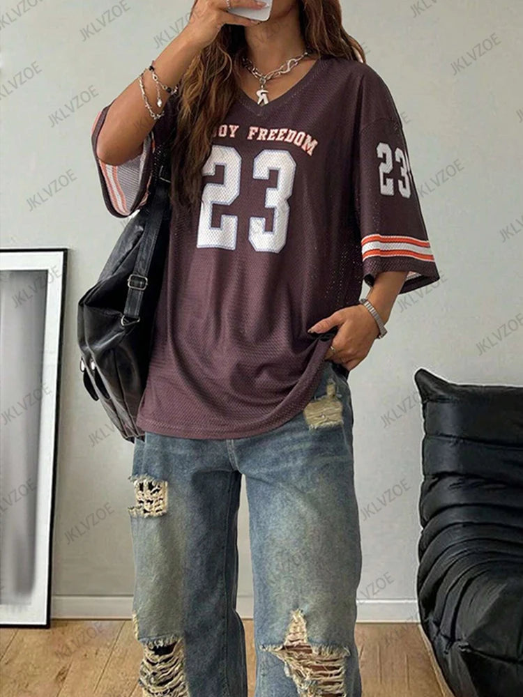 Summer New Black Enjoy Freedom 23 Print T-Shirt For Women V-Neck Short Sleeve Mesh Sports Football Jersey Y2K Oversized Tops