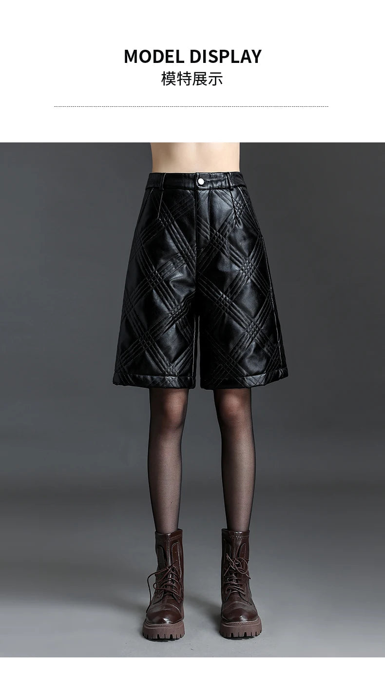 ZUZK Warm Black PU Leather Thick Bermuda Shorts For Women Winter Knee Length Shorts Motorcycle Punk High Waist Bermuda Femme