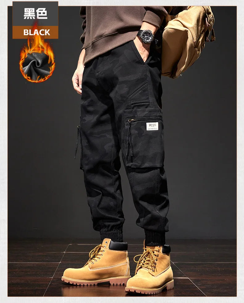 2025 NewMen's Fleece-Lined American Camouflage Casual Multi-Pocket Loose Zipper Jogger Pants Autumn Youth Trendy Workwear