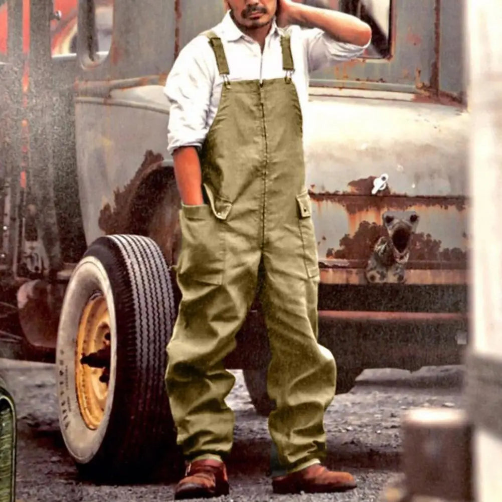 Men Denim Jumpsuit Casual Retro Style Loose Fit Overalls With Large Pockets Thick Fabric Cargo Plus Size Streetwear Jumpsuit