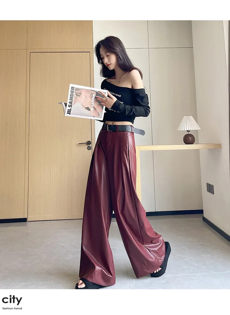 High Waist Wide Leg PU Leather Pants Women's Suit Casual Floor Length Trousers Autumn Winter New Style Loose Fit Long Pants