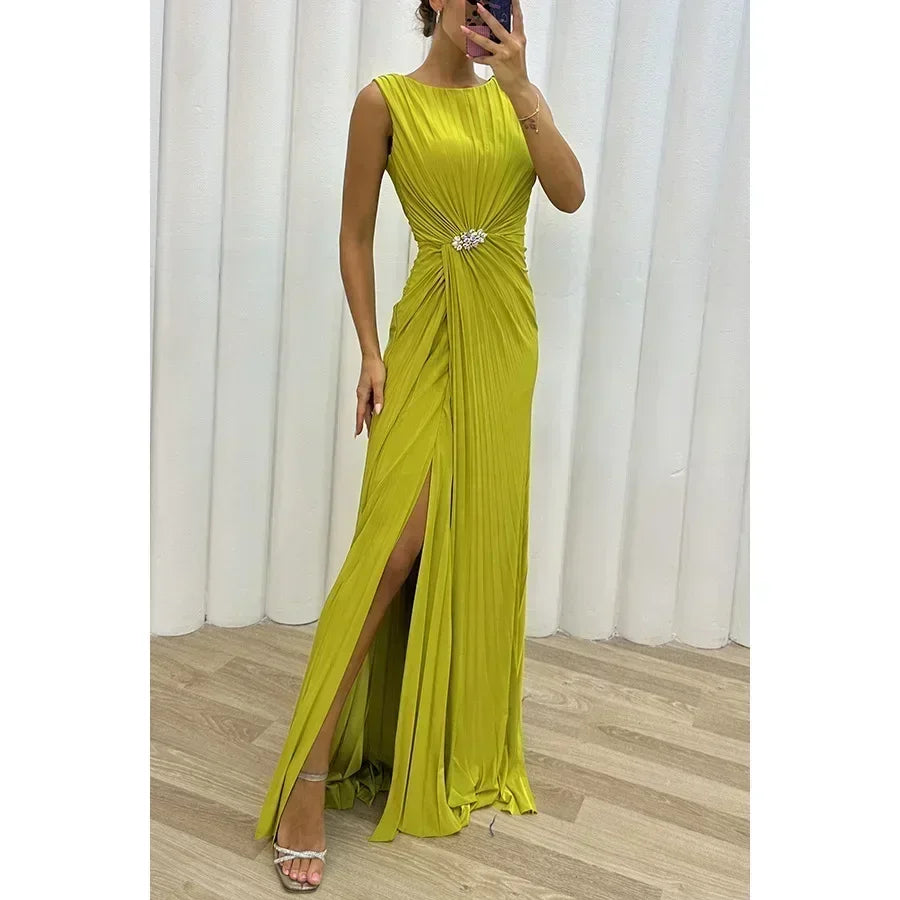 Women Sexy Dress New Sleeveless Solid Party Slim Empire Split Female Elegant Round Neck Fashion Long Clothing