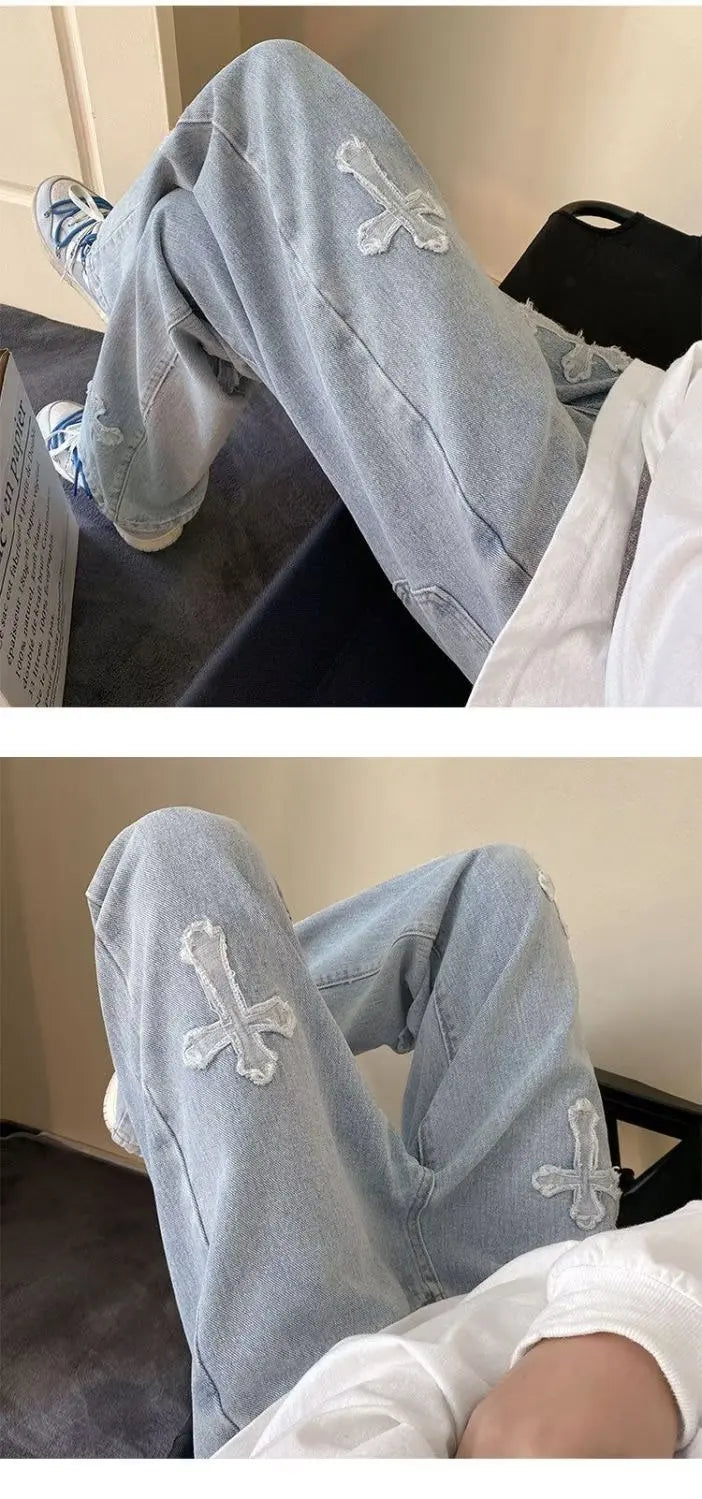 Cross Embroidery Y2k Jeans Mens Straight Denim Pants Casual Vintage Jeans Versatile Fashion Streetwear Spring High Street Pants