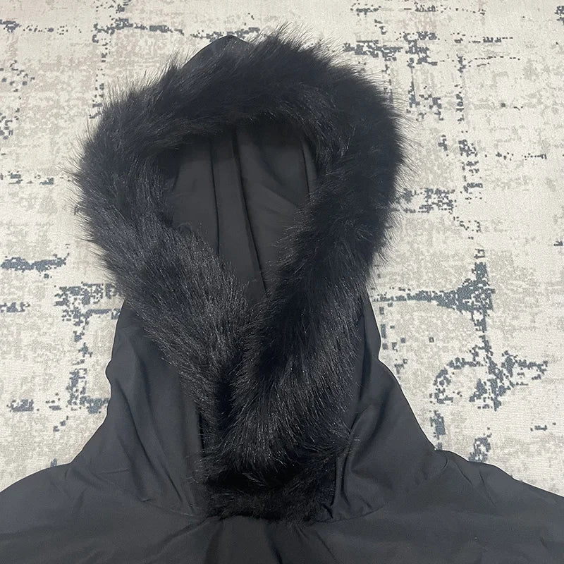 Men Women Oversized Poster Style Black Fur Collar Vultures YZY Kanye Hoodie Top Quality Nylon Nylon Woven Windproof Pullover