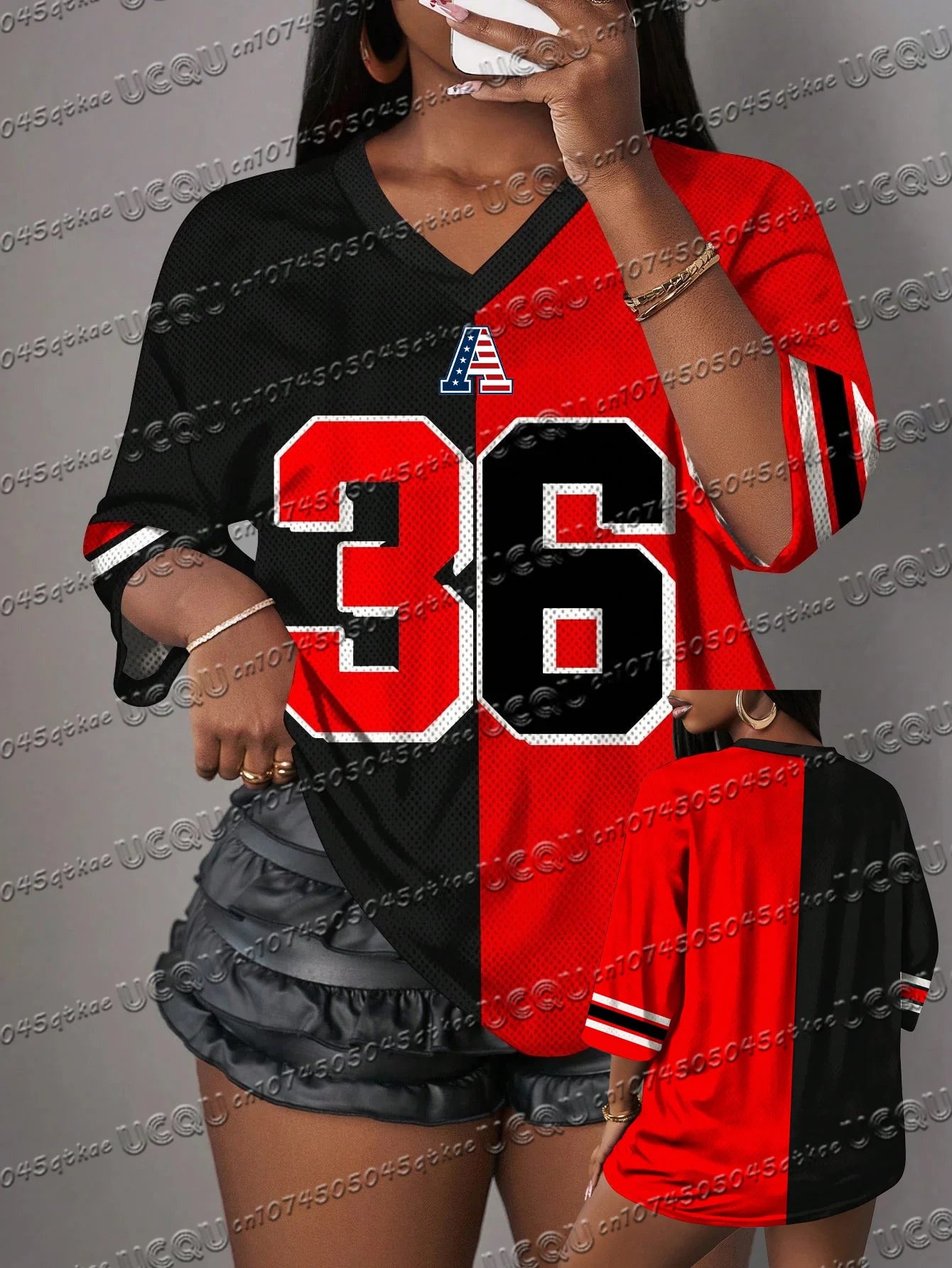 Summer Mesh Contrasting Color Jersey T-Shirt V-Neck Loose Sexy Streetwear American Fashion Casual Travel Tee Womens Y2k Top