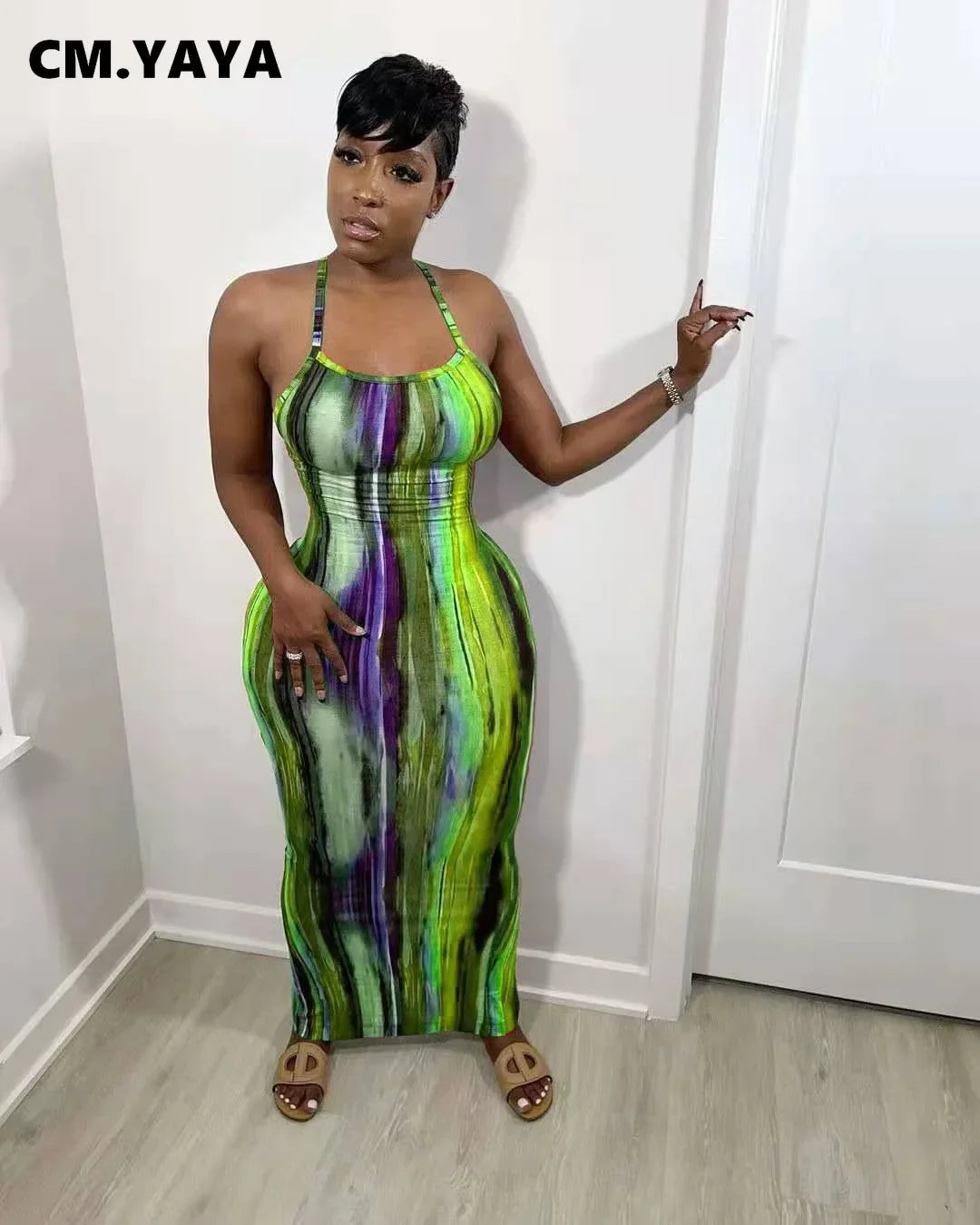 CM.YAYA Tie Dye Print Halter Open Back Maxi Dress Women Bodycon Sleeveless Splited Back Pencil Midi Long Dresses Summer 2021