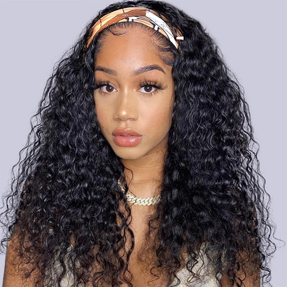 Headband Wig Human Hair Wigs Wear and Go Glueless Wig Curly Deep Wave Headband Wig Machine Made Wig Natural Color 250%
