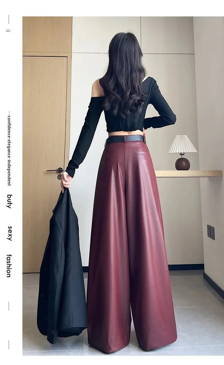 High Waist Wide Leg PU Leather Pants Women's Suit Casual Floor Length Trousers Autumn Winter New Style Loose Fit Long Pants