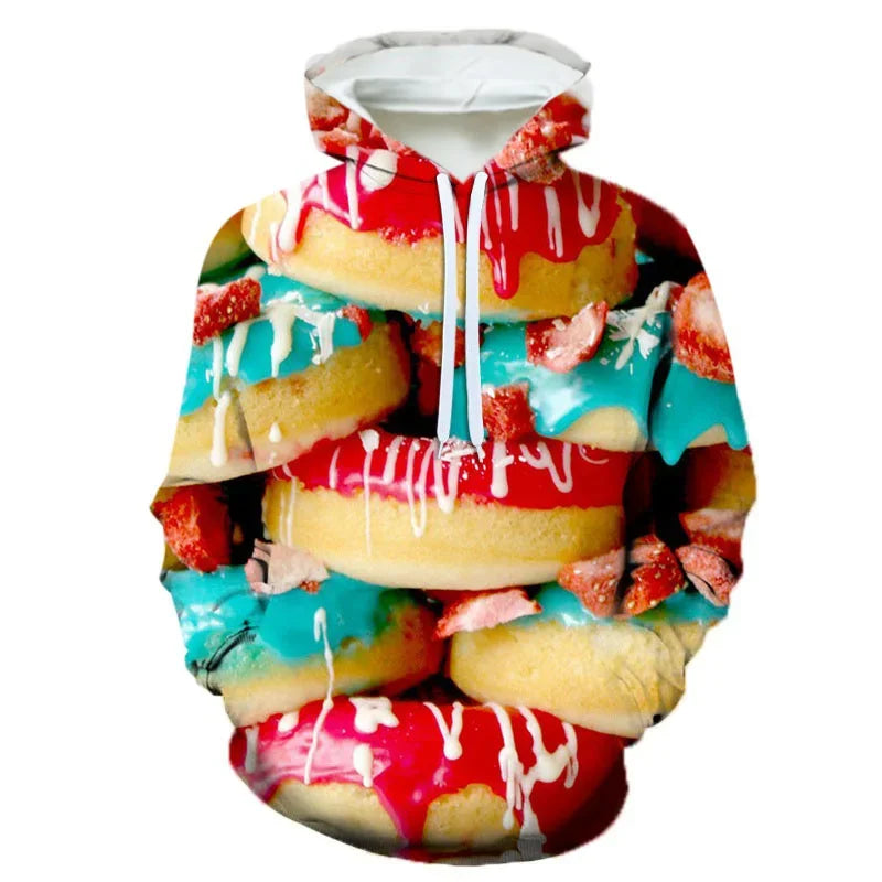 3D Printing Steak Salad French Fries Food Hoodie For Men Long Sleeves Hooded Sweatshirt Hamburger Pattern Casual Pullovers