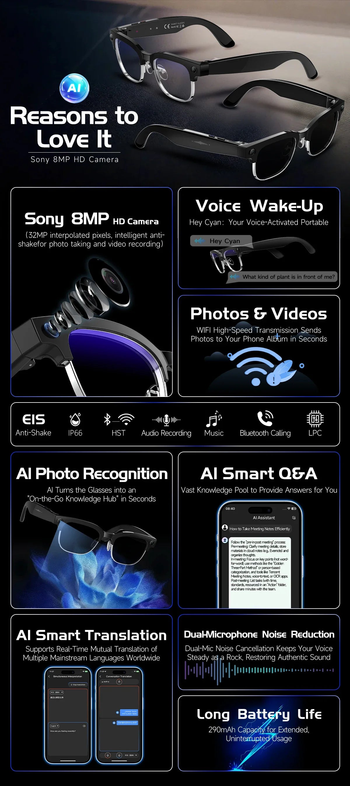 Smart AI Translation Smart Glasses Take Photos Recognizing Objects 4K Camera Bluetooth Music Call Intelligent Recording Glasses