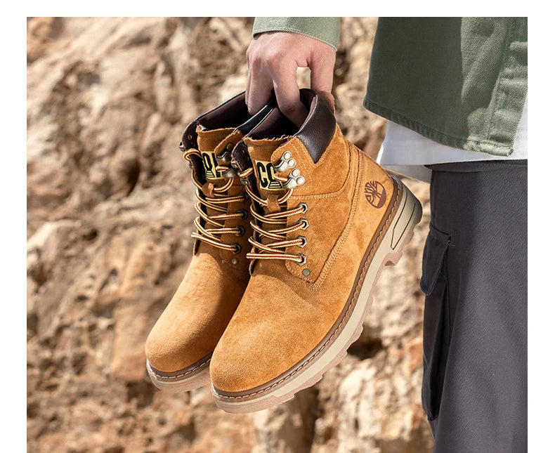 Autumn Winter Velvet Platform Boots for Men Designer Soft-soled Cow Suede Work Shoes Man Fashion Non-slip Yellow Ankle Boot Male