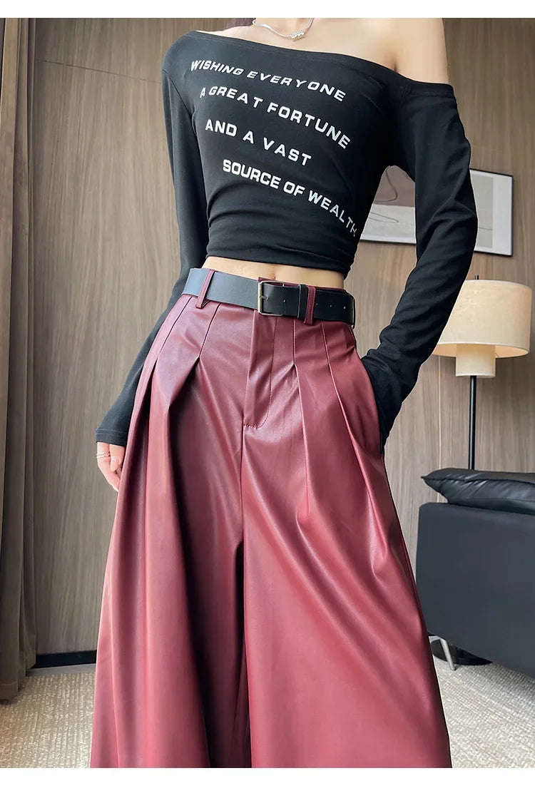 High Waist Wide Leg PU Leather Pants Women's Suit Casual Floor Length Trousers Autumn Winter New Style Loose Fit Long Pants