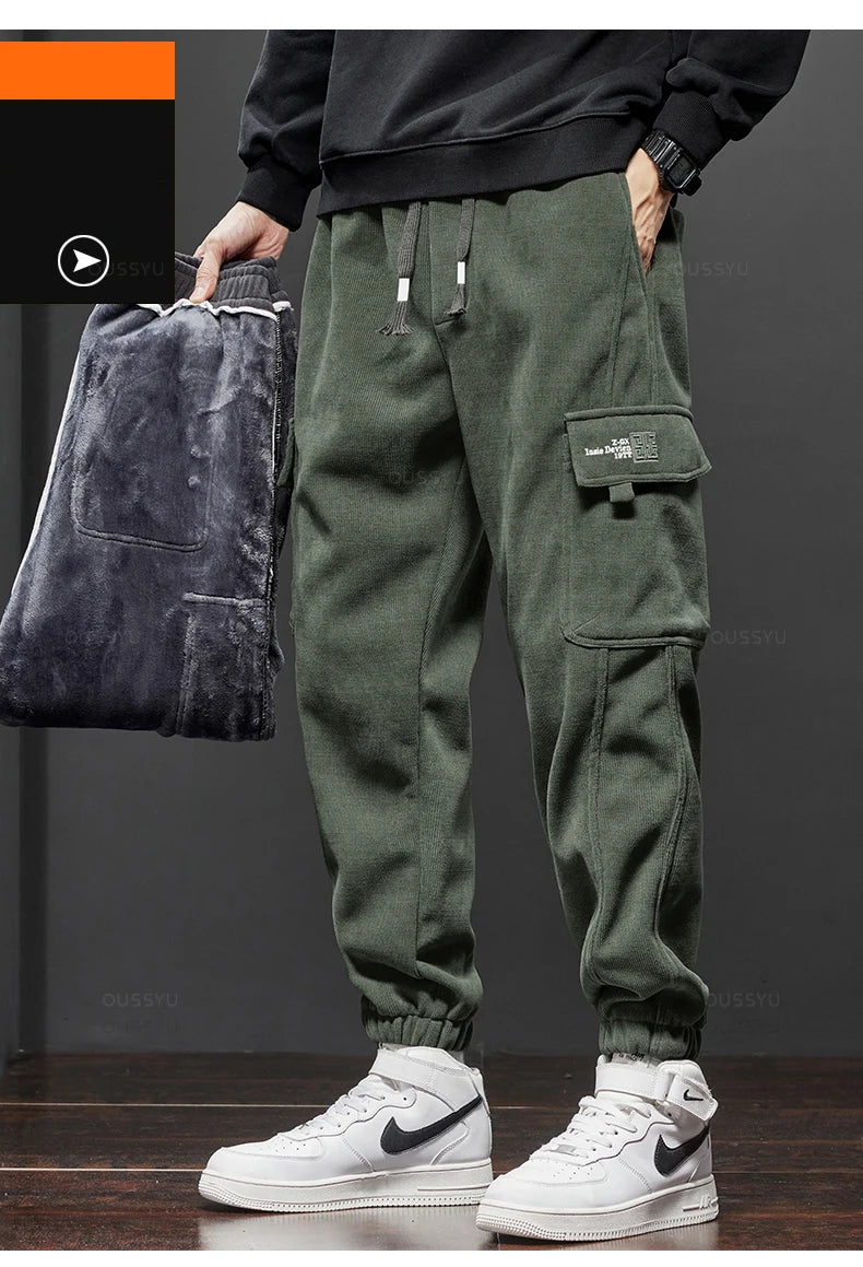 Winter Men's Fleece Warm Cargo Corduroy Pants Jogging Sweatpants Work Y2k Korean Pants Loose Harem Casual Trousers for Men
