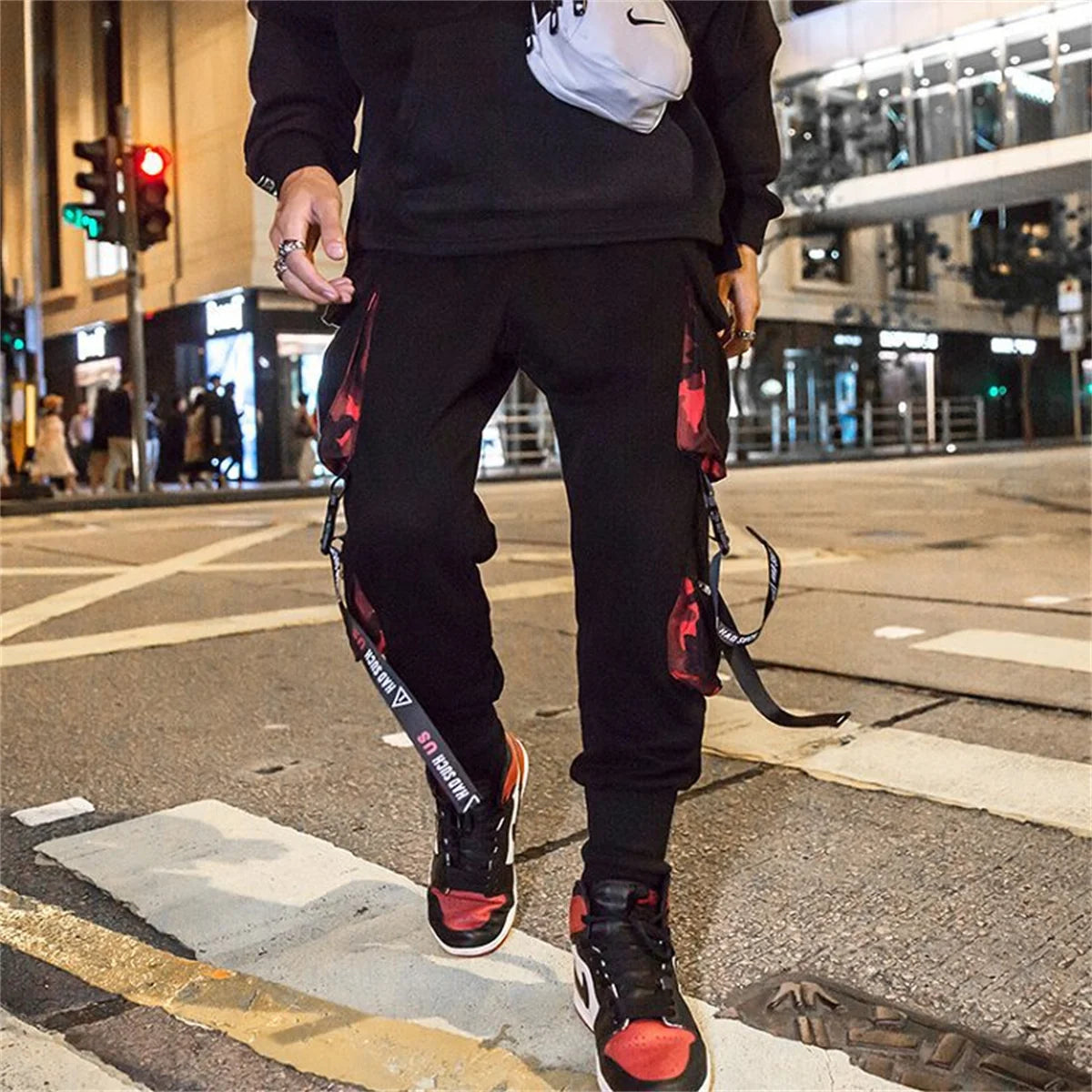 Cool Black Hip Hop Cargo Pants Gothic High Srteet Sweatpants With Pockets Korean High Wast Casual Outwear Pants Men Streetwear