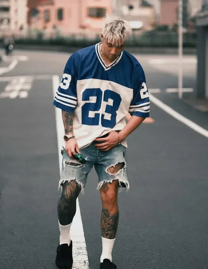 European and American Men's and Women's Football Enthusiasts Fashionable V-neck Short Sleeved T-shirt Retro Rugby Football Tops